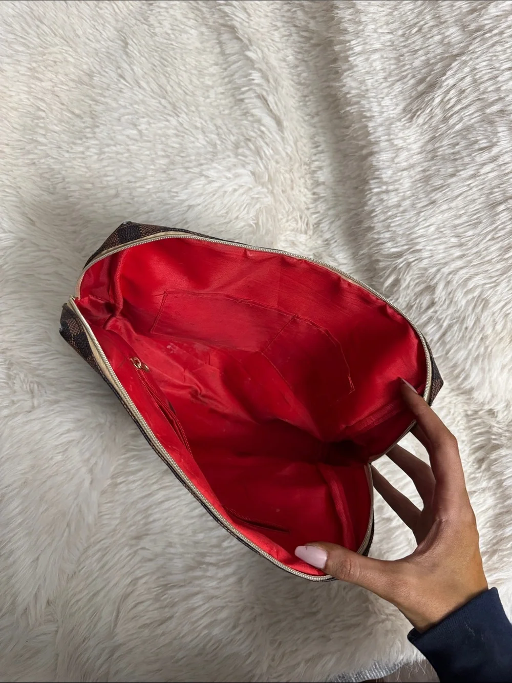 Brown Checkered Travel Pouch with Red Interior
